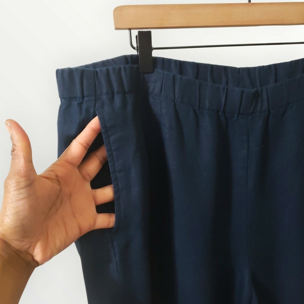 J.Jill Love Linen Navy Blue Pull On Crop Pants XL Wide Leg Elastic Waist Pocket - Picture 2 of 10